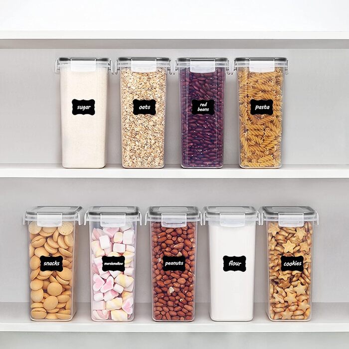 Набір банок для зберігання Vtopmart 0.8 л, банки для мюслі та банки для зберігання харчових продуктів, пластик без бісфенолу А, герметичний, контейнер для сухого корму, набір із 12, 24 етикетки для зерна, борошна, цукру (чорний) (2 л*9)