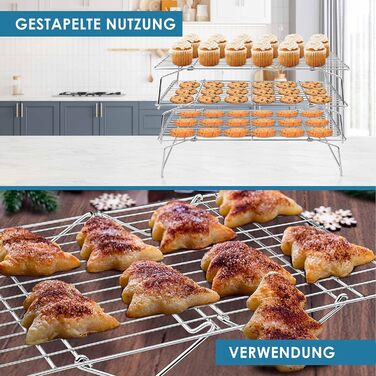 Охлаждающая решетка Herogo, 3-уровневый набор охлаждающих стоек из нержавеющей стали, прямоугольная решетка для охлаждения выпечки, идеально подходит для печенья, тортов, хлеба, 38x26 см, складная и штабелируемая, пригодная для мытья в посудомоечной машин