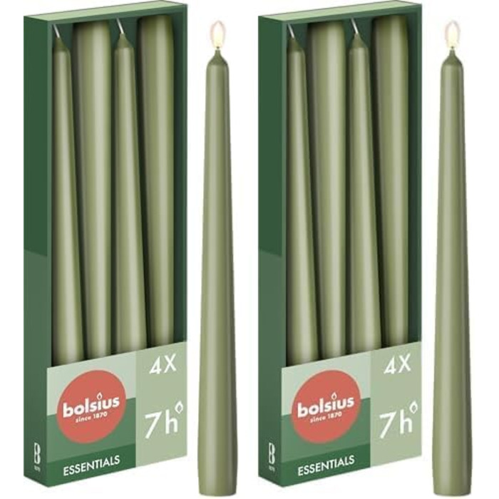 Свічки Bolsius Smooth Taper - Зелені - Набір з 4 шт. у коробці - Декоративні побутові свічки - Час горіння 7 годин - Без запаху - Натуральний рослинний віск - Без пальмової олії - 24,5 см Зелені 4 шт. и (Оливково-зелені, 4 шт. и (упаковка з 2))