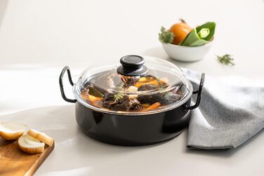 Сотейник бабусин зі скляною кришкою 28 см, КАСТРУЛІ ЕМАЛЬОВАНІ КЛАСИЧНІ, емальовані, чорні, висота 9 см, діаметр 28 см, 0459-022