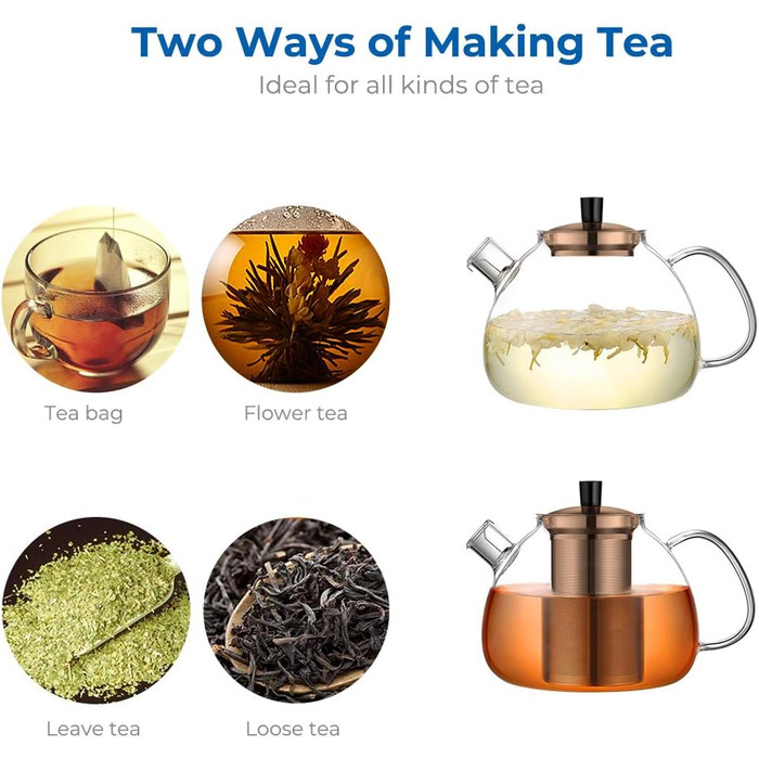 Скляний чайник з ситечком для чаю 1500 мл, скляний чайник, прозорий, термостійкий, зі знімним ситечком для чаю з нержавіючої сталі, для чорного чаю, зеленого чаю, ароматизованого фруктового чаю Type1 Silver (1500 мл, Type3 Bronze-1500 мл)