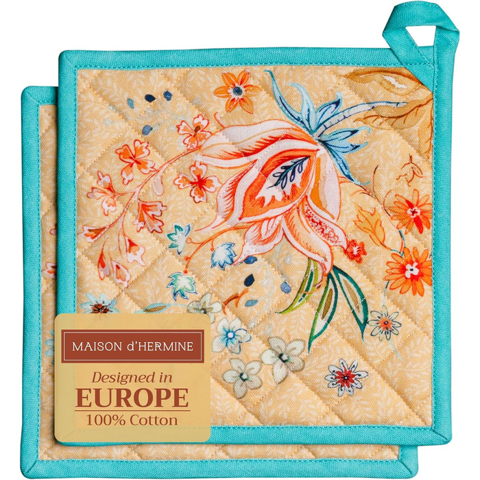 Рукавички для духовки Maison d&39 Hermine, підставки для каструль, 100 бавовна, термостійкі кухонні рукавички, рукавички для духовки (19 см x 33 см) та підставки для каструль (20 см x 20 см) для приготування їжі, Morzine - рукавички для духовки (19 x 33 с