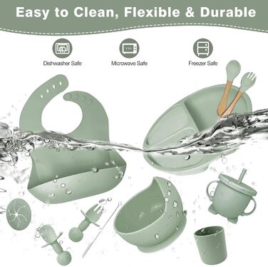 Набір дитячого столового посуду, набір дитячого столового посуду з 12 предметів, дитяча ложка, чашка для пиття, силіконовий нагрудник, дитяча тарілка, дитяча тарілка з присоскою, набір столових приборів для відлучення дитини, без бісфенолу А, можна мити в