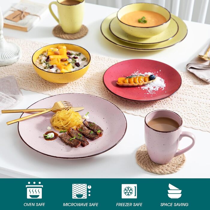 Столовий сервіз з керамограніту, набір посуду vancasso MODA, вінтажний зовнішній вигляд, комбінований сервіз з 40 предметів з 8 обідніми тарілками, тарілками для тортів, суповими тарілками, мисками та чашками кожна (барвистий, комбінований сервіз 16 шт. )