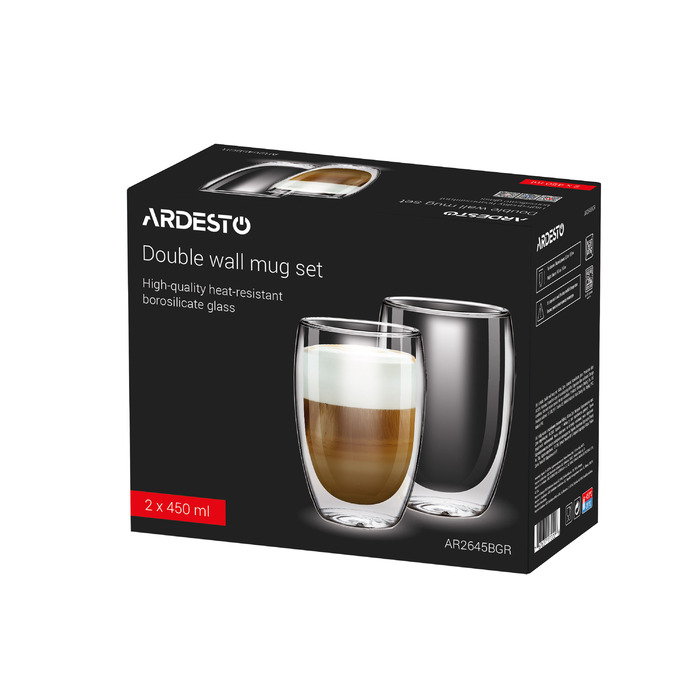 ARDESTO Набір чашок з подвійними стінками, 450мл, 14.5см, 2шт, боросилікатне скло, прозорий