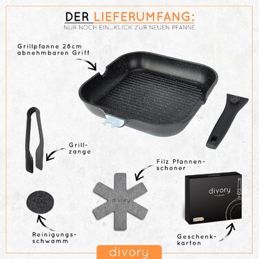 Сковорода гриль 28 x 28 см со съемной ручкой, черная DIVORY