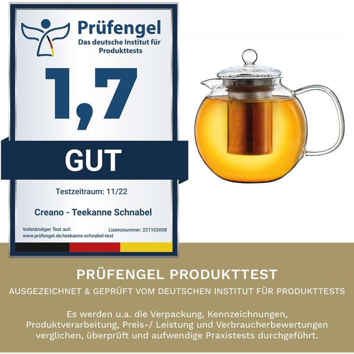 Скляний чайник із 3 частин із вбудованим ситечком 1.3 л Creano