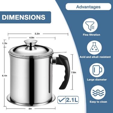 Контейнер для отбора масла 2 л с крышкой, нержавеющая сталь Cyiecweu