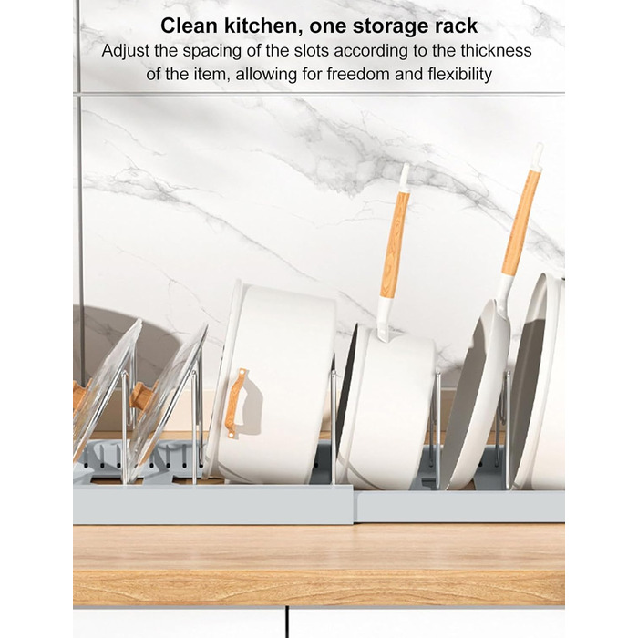 Розширюваний органайзер для каструль, органайзер для каструль та сковорідок, нековзний, регульований розмір, багатоцільовий органайзер для каструль у шафі з 7 тримачами для кухонь, офісів, ресторанів (сірий)