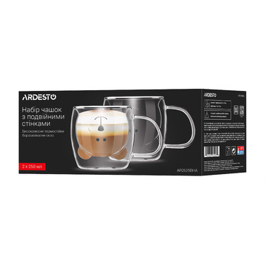 ARDESTO Набір чашок з ручками і подвійними стінками Animals, 250мл, 2шт, боросилікатне скло, прозорий