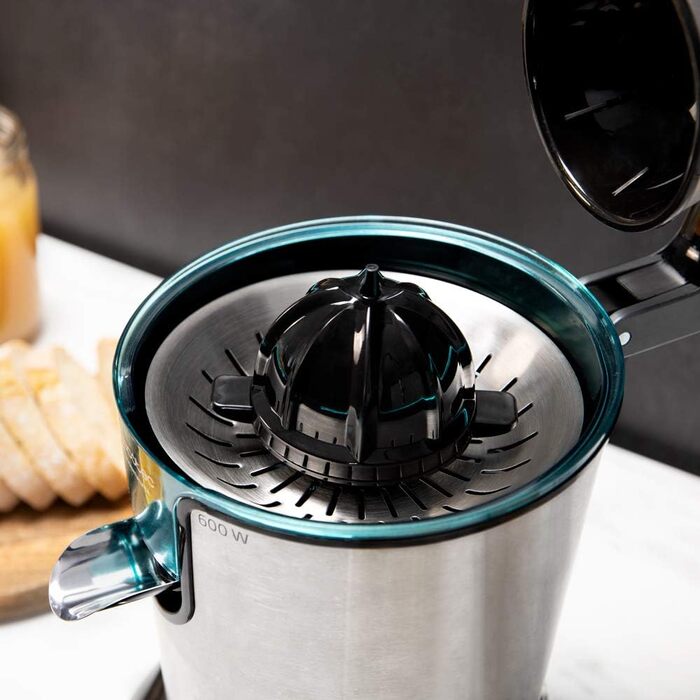Соковижималка для цитрусових Cecotec Electric Arm 600 Steel. 600 Вт, ситечко з нержавіючої сталі, 2 знімні конуси, важіль тиску, протикрапельна система, можна мити в посудомийній машині (Inox, PowerAdjust 600 Black)