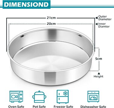 Большая форма для выпечки 20,3 см, нержавеющая сталь Herogo, круглая форма для выпечки, набор из 3 шт., слоеная форма для торта, формы для подноса на день рождения, глубина 5 см и бесшовный дизайн, прочный и пригодный для мытья в посудомоечной машине 20 с