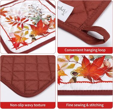 Набір з 2 кухонних рукавичок Arquiel з тримачем для каструлі Gnome Autumn Orange Checked, 100 бавовняні кулінарні рукавички, термостійкі кухонні рукавички для приготування їжі, осінній декор, подарунки для жінок (осіннє кленове листя, духовка тримач для к