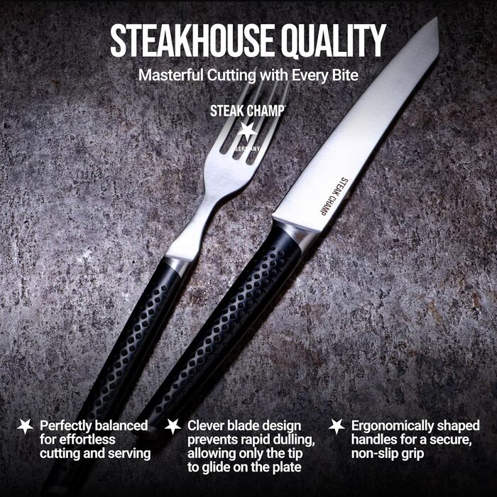 Вилка та ніж для стейка для м&39яса Steakchamp, 2 х 2 шт. виделки та ножі із сталевого леза, з мікрохвильовим помелом, набір з 4 шт., включаючи дерев&39яну коробку