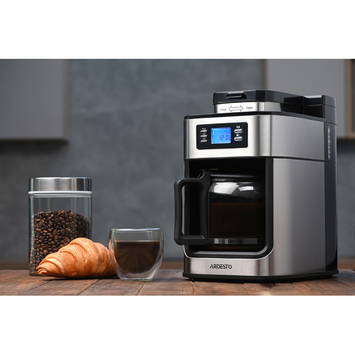 ARDESTO Кофеварка капельная Steel Collection YCM-D1200, 1.2л, зерно+молотая, дисплей, серебристо-черный