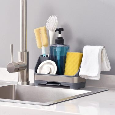 Органайзер для посуду APEXCHASER, дозатор мила з тримачем для губки, органайзер для раковини з нержавіючої сталі, мийка з нержавіючої сталі, кухонний органайзер з дозатором мила, піддон для крапель для кухні