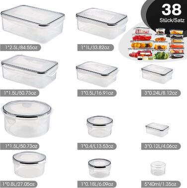 Контейнери для зберігання харчових продуктів з кришками, 16 шт. (8 контейнерів, 8 кришок), набір контейнерів для зберігання, 100 герметичні, без BPA, 0,24-1,5 л (SE-38PCS)