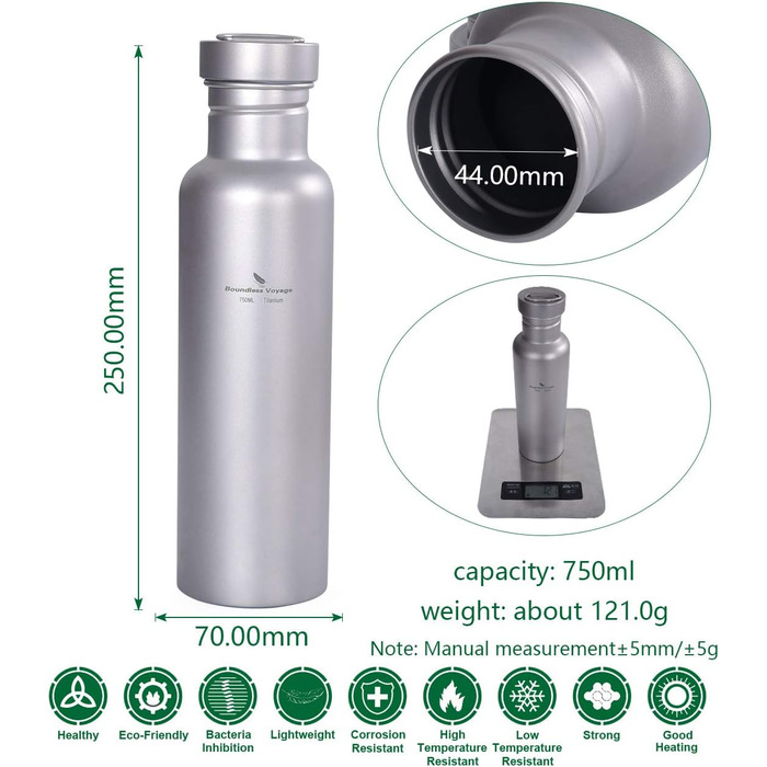 Титанова пляшка для води з титановою кришкою для кемпінгу 750 мл. Boundless Voyage