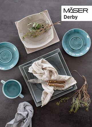 Серія Derby, преміальний набір посуду з квадратними тарілками на 4 персони гастрономічної якості, сучасний комбінований сервіз із 16 предметів у яскравих пастельних тонах, міцна порцеляна (набір супових чашок), 931448