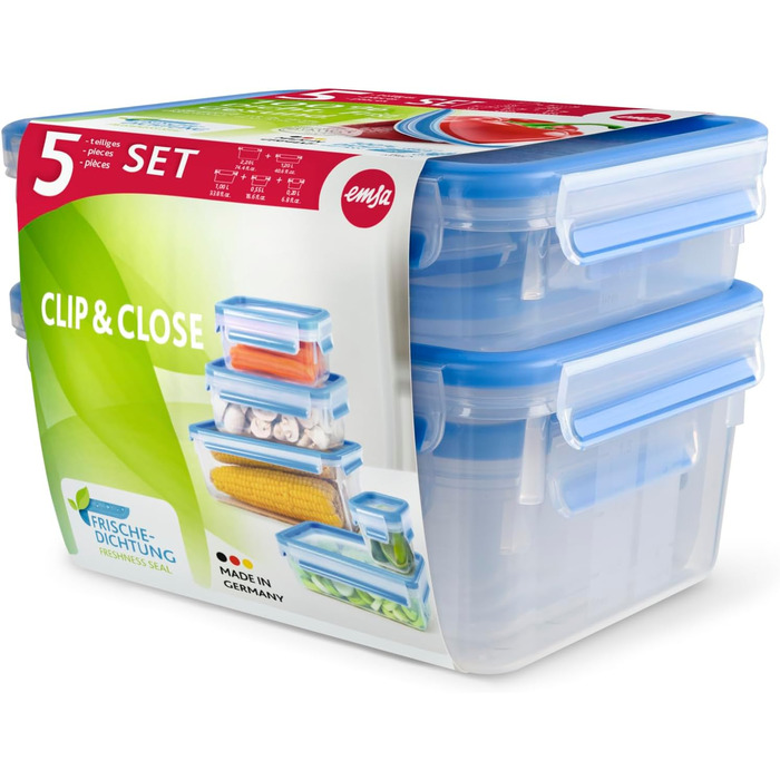 Набір контейнерів для зберігання харчових продуктів EMSA Clip & Close, прямокутні, 5 x 0,8 л, коробки для зберігання, 100 герметичні, придатні для миття в посудомийній машині, морозильної камери та мікрохвильової печі, прозорі, сині, зроблені в Німеччині,