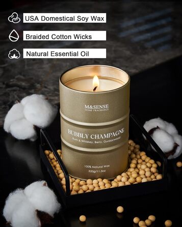 Ароматичні свічки M&SENSE з натурального соєвого воску, натуральна соєва свічка для домашнього декору, тривалий час горіння до 70 годин, стильні подарунки-свічки для чоловіків і жінок (320 г, ігристе шампанське)