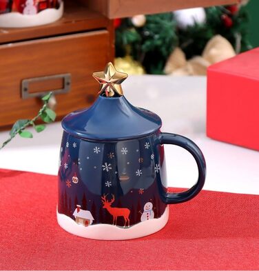 Рождественская кофейная кружка 400 мл с крышкой и палочкой для помешивания, синий SuperglockT