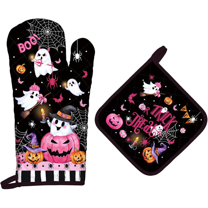 Різдвяний набір із 2 рукавичок для духовки та підставок для каструль Arquiel, 100 бавовняні кулінарні рукавички, термостійкі кухонні рукавички для приготування їжі, різдвяні подарунки на кухню для жінок (Хелловін 01, рукавички для духовки підставки для ка