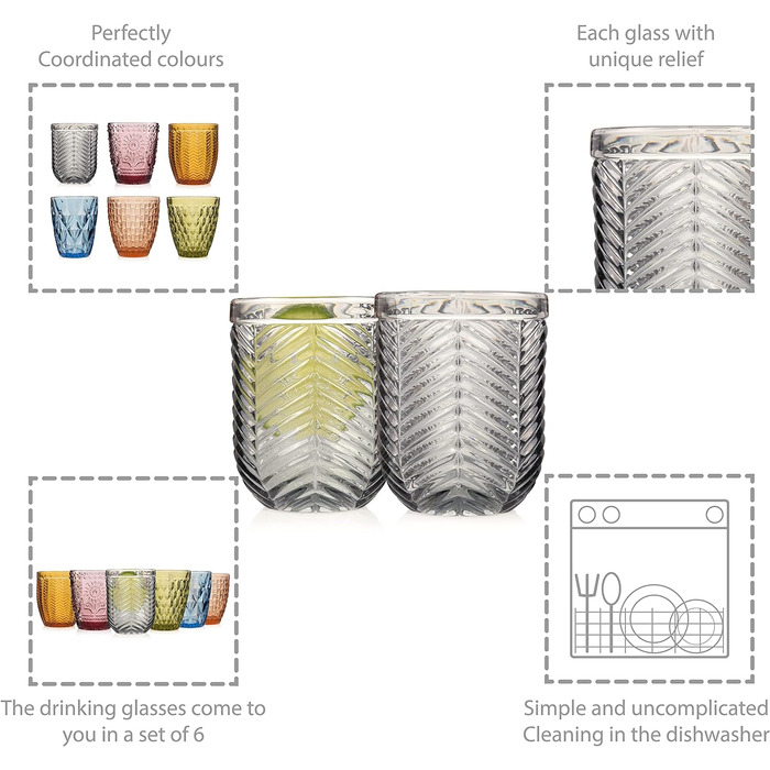Набір склянок для пиття Singer Набір скляних склянок Porto з 6 предметів для 6 осіб, склянка для води, різнокольорова, унікальна нарізка, повсякденний, сімейна вечеря, офіс, набір склянок для соку на відкритому повітрі 310 мл поштові 6 шт.