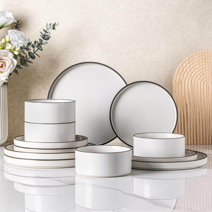 Набір посуду LeRatio для 6 осіб, набір керамічного посуду з 18 предметів, керамічна миска та тарілка, стійкі до подряпин (набір з 12 предметів, білий димчасто-чорний обідок)