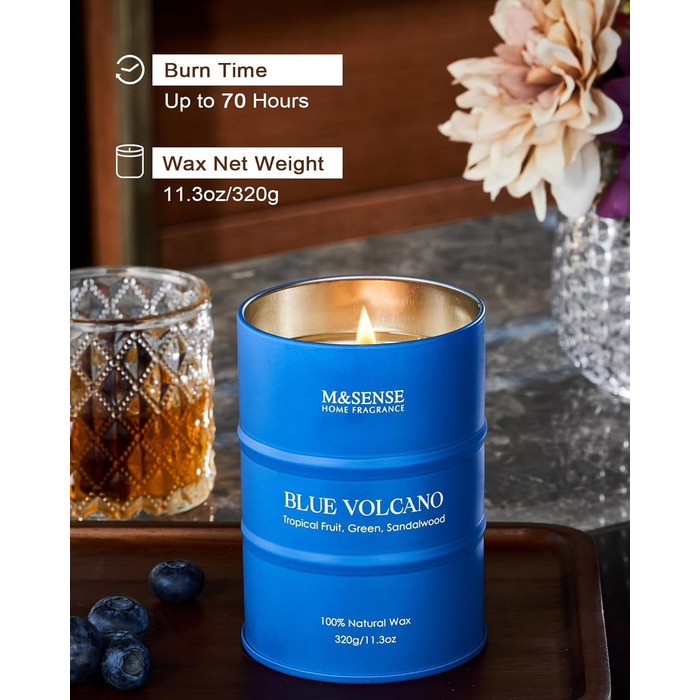 Ароматичні свічки M&SENSE з натурального соєвого воску, натуральна соєва свічка для домашнього декору, тривалий час горіння до 70 годин, класні подарунки-свічки для чоловіків і жінок (320 г, блакитний вулкан)