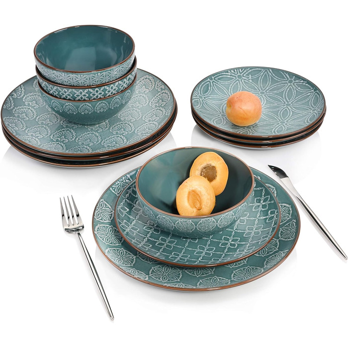 СПІВАЧКА Обідній сервіз Faro Stoneware, набір посуду з 12 предметів на 4 персони, унікальний і квітковий візерунок 12 шт.