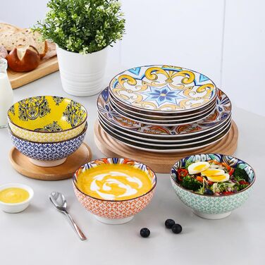 Порцеляновий набір посуду Haruka, 48 шт. Набір круглий комбо-сервіз на 12 осіб, включає чашки, миски, десертні тарілки та обідні тарілки (жасмин, набір посуду з 32 предметів)