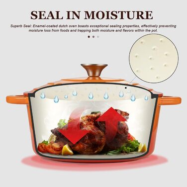 Чавунна форма для запікання Overmont Enamel - 26 см, придатна для використання в духовці, з кришкою та кулінарною книгою - для випікання, тушкування, запікання, білого кремового кольору (28 см-6,6 л, помаранчевий)