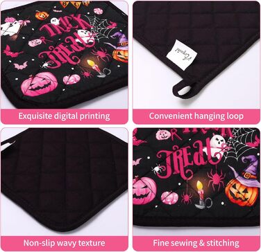 Різдвяний набір із 2 рукавичок для духовки та прихваток Arquiel, 100 бавовняні кулінарні рукавички, термостійкі кухонні рукавички для приготування їжі, різдвяні подарунки на кухню для жінок (Хелловін 01, рукавички для духовки*2 прихватки*2)