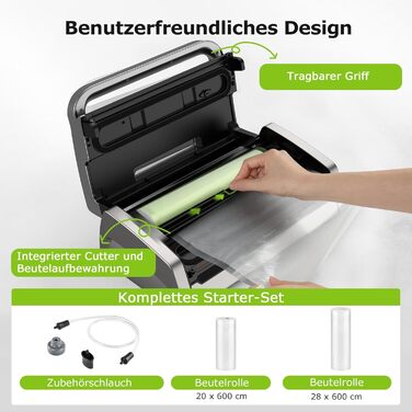 Вакуумний пакувальник з нержавіючої сталі та 2 вакуумних рулони, 15 л/хв 125 Вт Bonsenkitchen