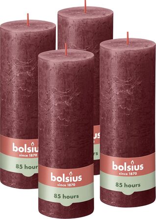 Свічки Bolsius Rustic Pillar - Оливково-зелені - Набір з 4 шт. - Декоративні побутові свічки - Час горіння 60 годин - Без запаху - Натуральний рослинний віск - Без пальмової олії - Оливково-зелені (19 x 7 см, темно-червоні)