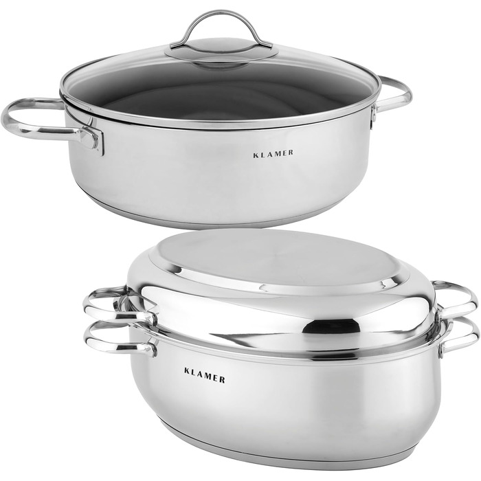 Жаровня KLAMER з кришкою 41 см, безпечна для духовки, 8,5 л Жаровня XXL з кришкою, з каструлею з кришкою 4 л, для всіх типів плит, включаючи індукційну, жаровня з нержавіючої сталі