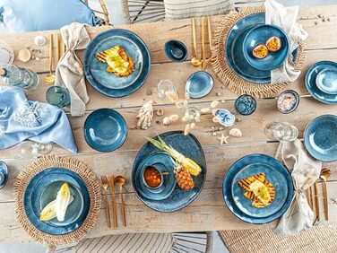 СПІВАЧКА Столовий сервіз Darwin 12 шт. , набір фаянсового посуду 4 персони, набір тарілок синього кольору в т.ч. обідня тарілка десертна тарілка & глибокі тарілки, столовий посуд, набір посуду ручної роботи (круп'яні миски 4 шт.)