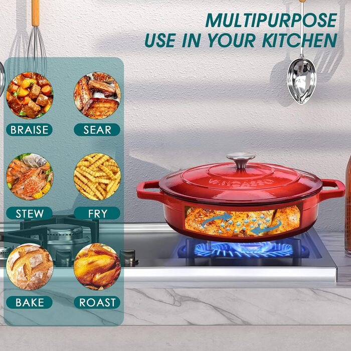 Чавунна овальна емальована каструля Vancasso об&39ємом 6 л з кришкою, поживна та смачна для дому, ресторану, готелю, духовки, 30 x 13 см (червона, 28 x 7 см)