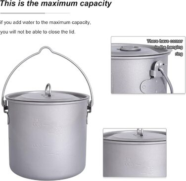 Кемпінгова кружка iBasingo Titanium Pot 750 мл / 900 мл / 1100 мл / 1250 мл Підвісний горщик Легкий посуд Портативний кухоль для чаю та кави з водою з кришкою та складною ручкою Посуд для виживання на відкритому повітрі для пікніка для походів (підвісний 