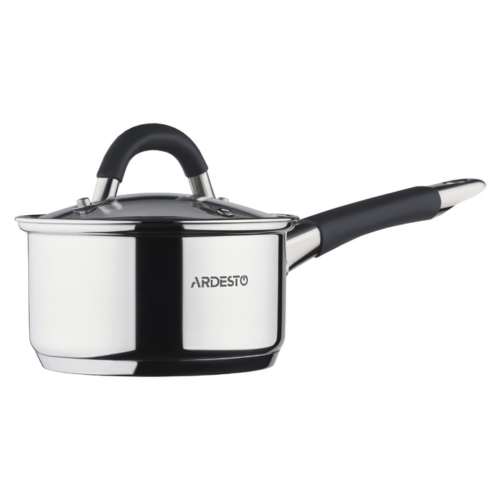 ARDESTO Ківш Gemini Salerno, скляна кришка, 1.6 л, сірі ручки з силіконом, нержавіюча сталь