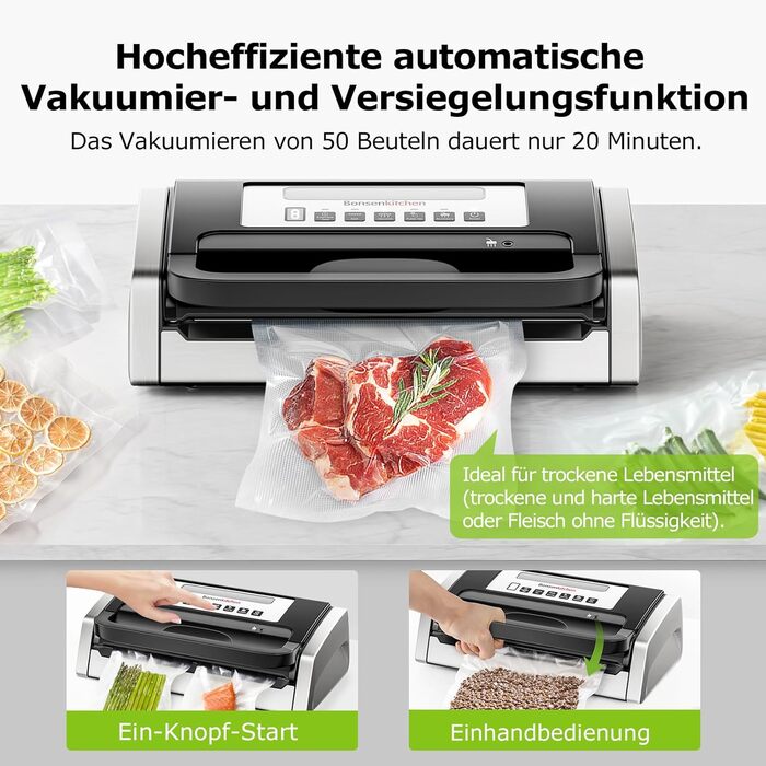 Вакуумний пакувальник з нержавіючої сталі та 2 вакуумних рулони, 15 л/хв 125 Вт Bonsenkitchen