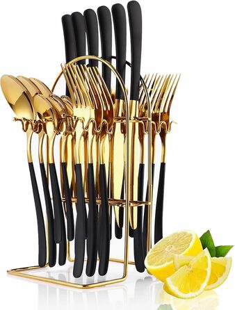 Набір столових приборів на 6 осіб, 24 предмети з тримачем, чорно-золотистий Wekity