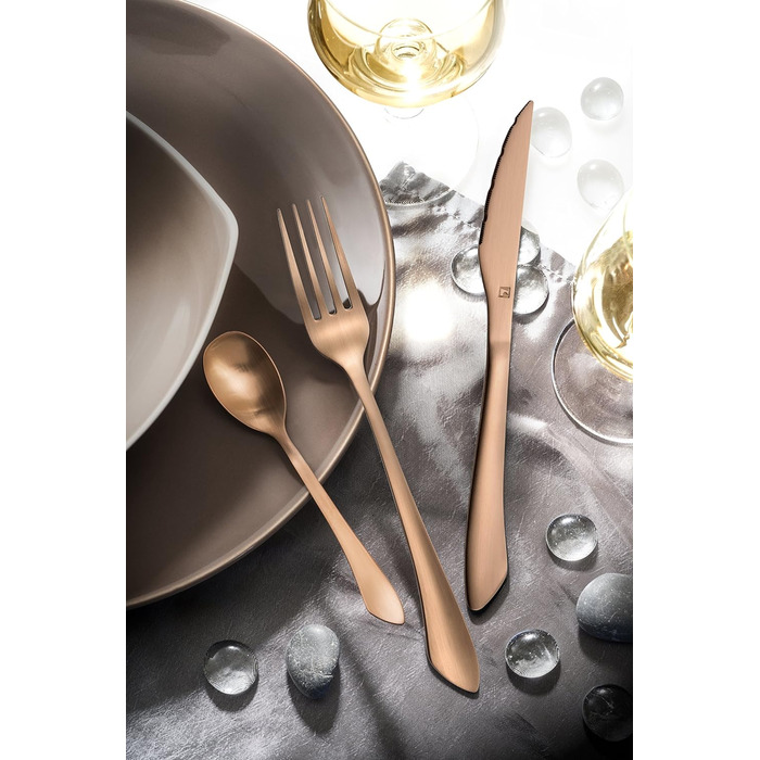 Набір столових приборів Amefa INSTINCT 4 персони Столові прибори PVD матові у вінтажному стилі Набір столових приборів 4 персони нержавіюча сталь 18/0 матова 4 шт. столова виделка, столовий ніж, столова ложка та чайна ложка (мідь, 16 шт. )