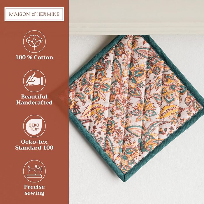 Рукавички для духовки Maison d&39 Hermine, підставки для каструль, 100 бавовна, термостійкі кухонні рукавички, рукавички для духовки (19 см x 33 см) та підставки для каструль (20 см x 20 см) для приготування їжі, Morzine - рукавички для духовки (19 x 33 с