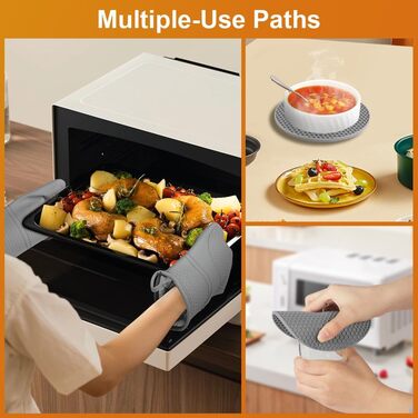 Набір рукавичок для духовки AUAUY, 1 пара силіконових рукавичок для духовки з 2 тримачами для каструль, нековзні кулінарні рукавички, термостійкі рукавички для духовки, рукавички для кухні, приготування їжі, випічки, гриля, барбекю (сірі)