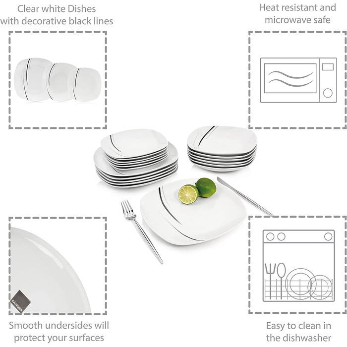 СПІВАЧКА Порцеляновий столовий сервіз Bilgola Black Lines, набір посуду з 18 предметів на 6 персон, набір тарілок, квадратний столовий сервіз 18 шт.