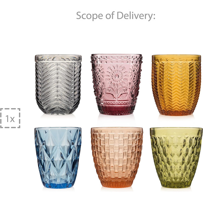 Набір склянок для пиття Singer Набір скляних склянок Porto з 6 предметів для 6 осіб, склянка для води, різнокольорова, унікальна нарізка, повсякденний, сімейна вечеря, офіс, набір склянок для соку на відкритому повітрі 310 мл поштові 6 шт.