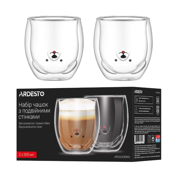 ARDESTO Набір чашок з подвійними стінками Animals, 300мл, 2шт, боросилікатне скло, прозорий