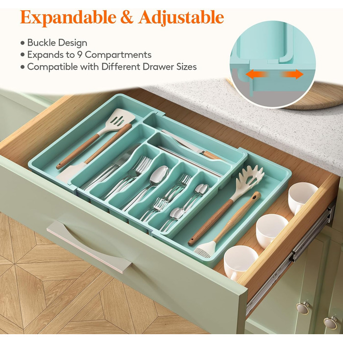 Органайзер для столових приборів 57 х 38 см для шухляд, 9 відділень, бірюзовий Lifewit